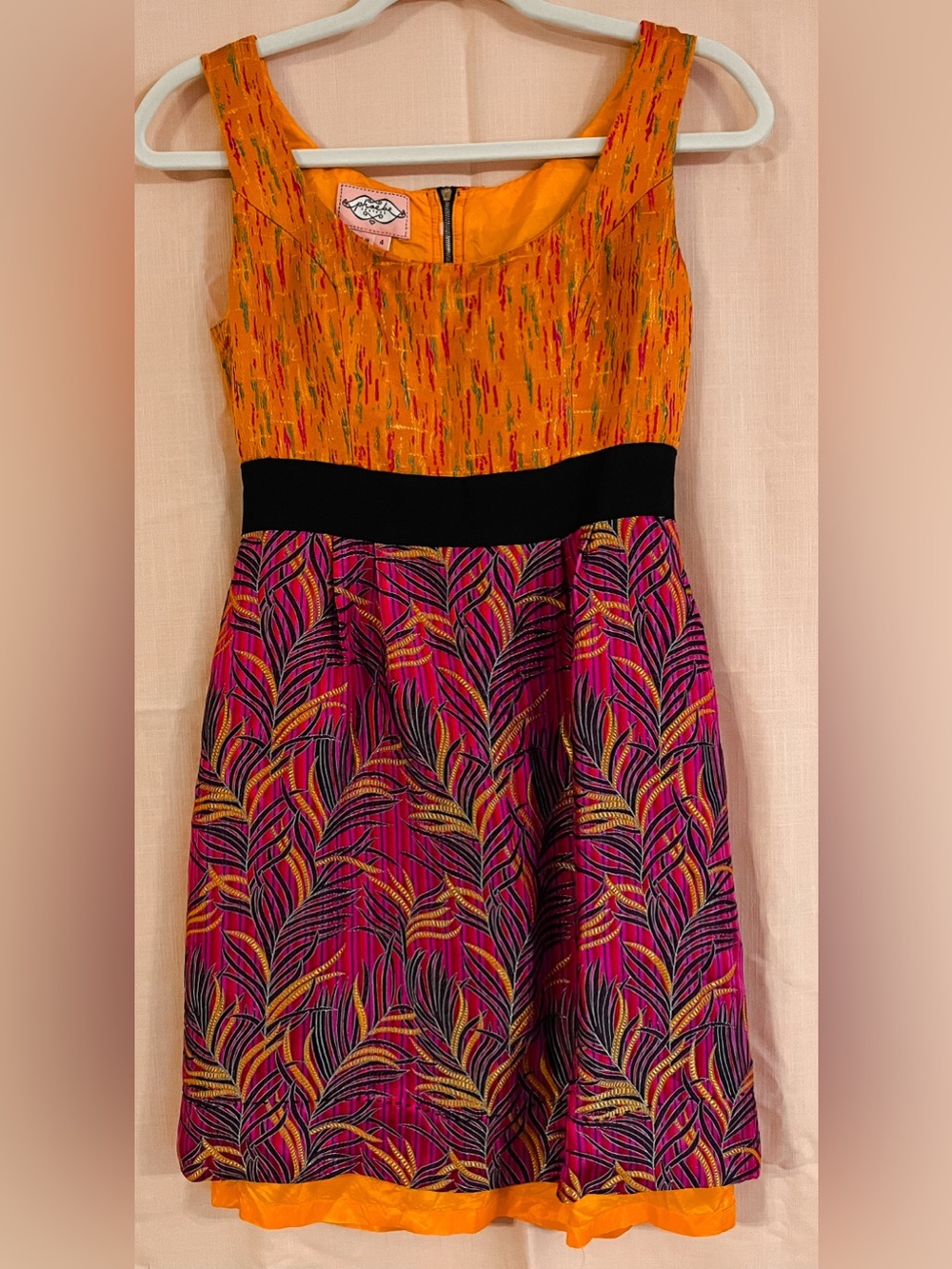 Phoebe Couture Vibrant Botanical Orange & Fuchsia Print Fit-and-Flare Dress